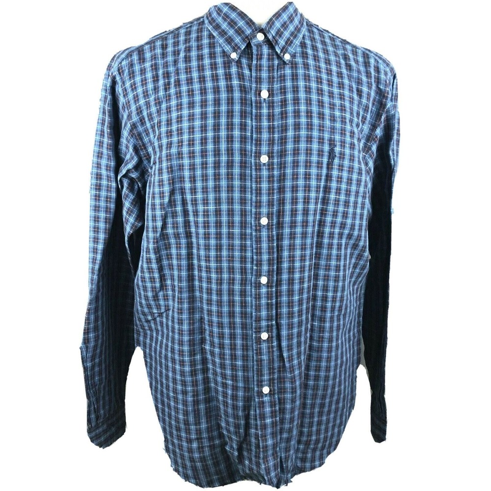 Polo Ralph Lauren Classic Fit Plaid Check Button Up Shirt Blue Pony Men's Large